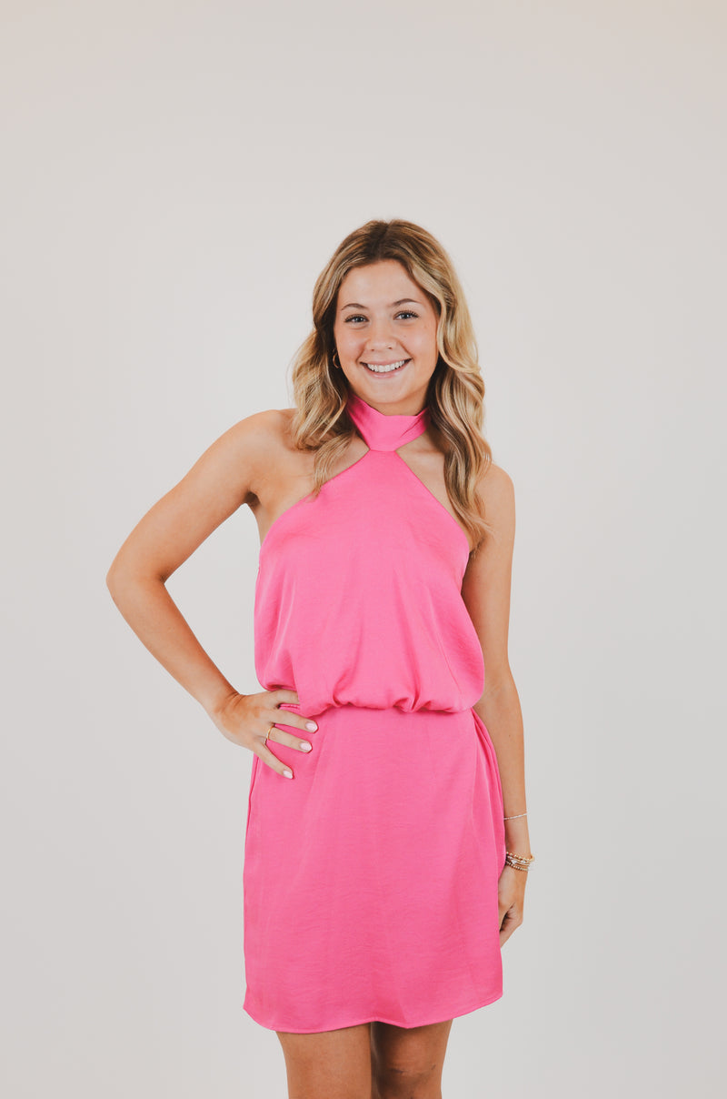 Poly Silk Skinny Halter Mini Dress, Pink