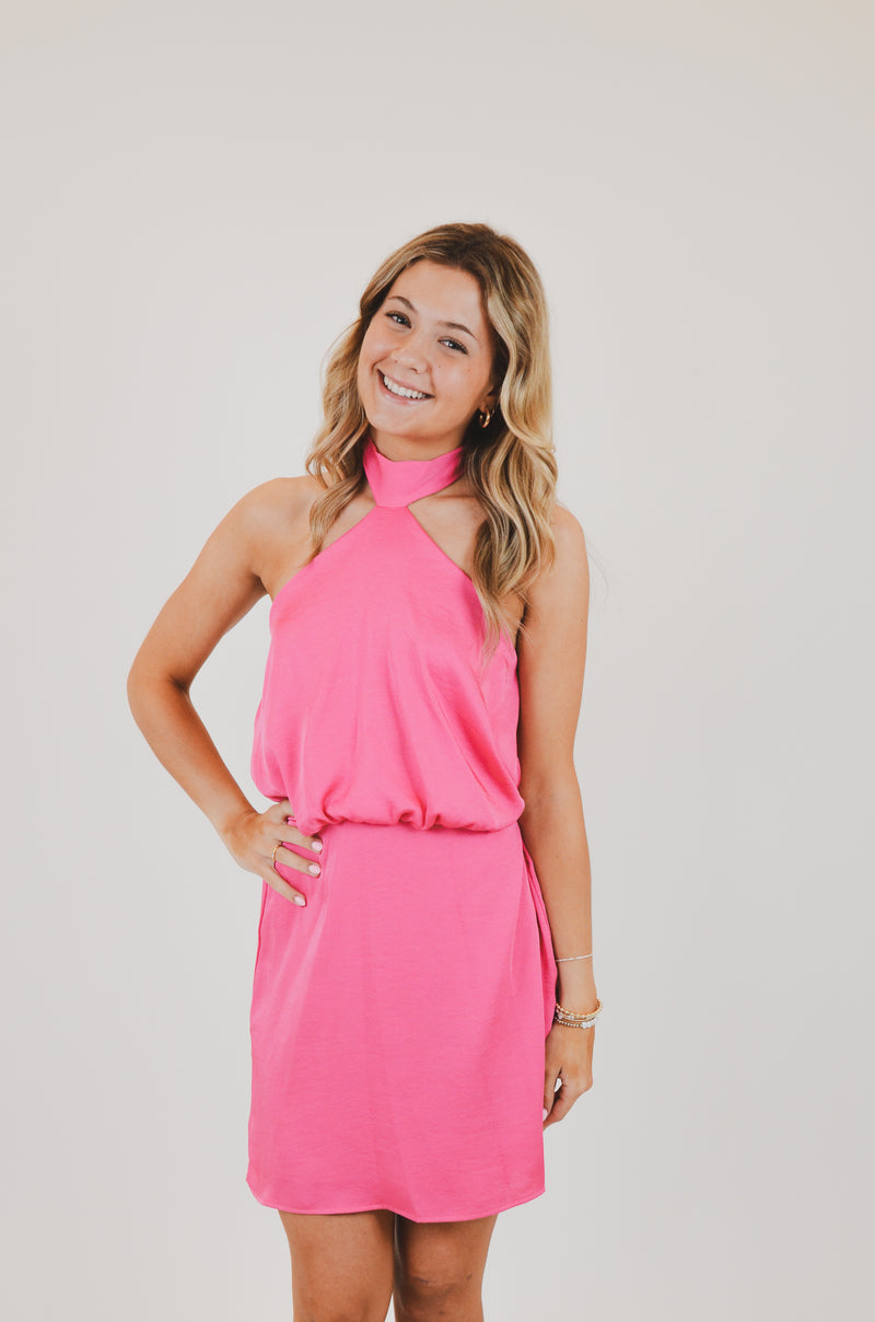 Poly Silk Skinny Halter Mini Dress, Pink