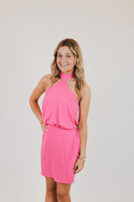 Poly Silk Skinny Halter Mini Dress, Pink