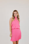 Poly Silk Skinny Halter Mini Dress, Pink