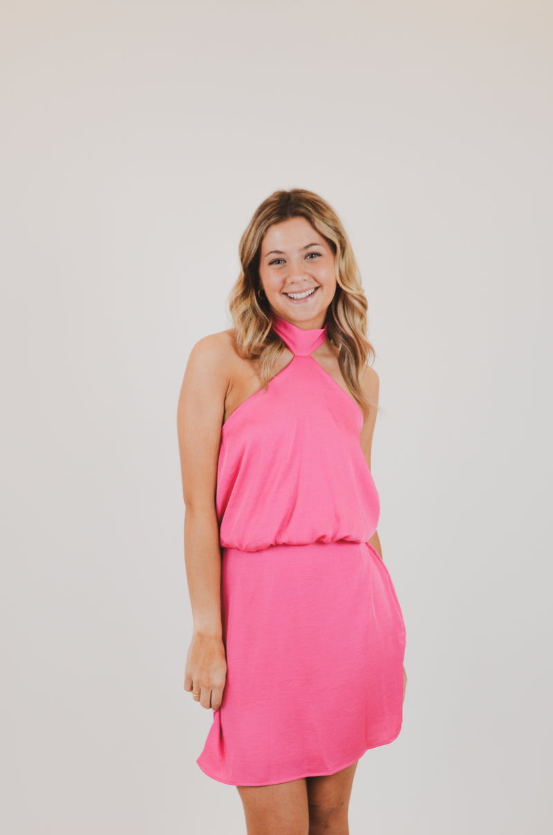 Poly Silk Skinny Halter Mini Dress, Pink