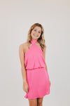 Poly Silk Skinny Halter Mini Dress, Pink