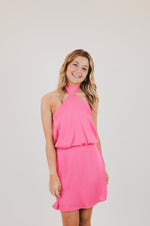 Poly Silk Skinny Halter Mini Dress, Pink