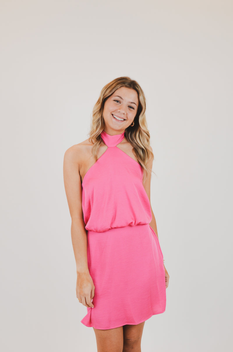 Poly Silk Skinny Halter Mini Dress, Pink