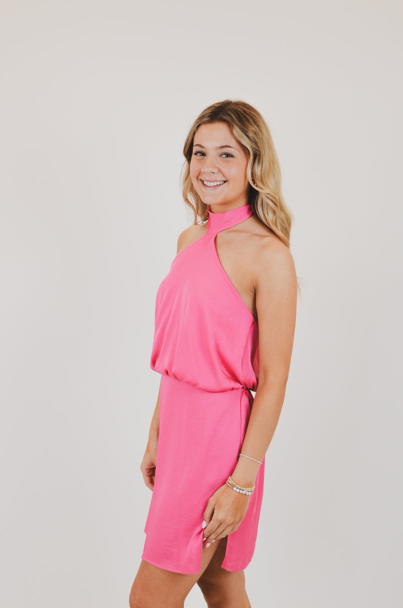 Poly Silk Skinny Halter Mini Dress, Pink