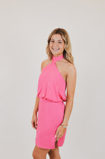 Poly Silk Skinny Halter Mini Dress, Pink