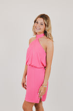 Poly Silk Skinny Halter Mini Dress, Pink