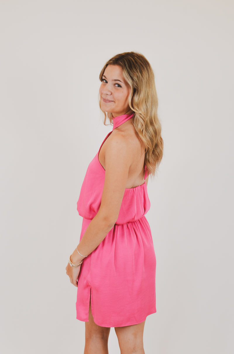 Poly Silk Skinny Halter Mini Dress, Pink