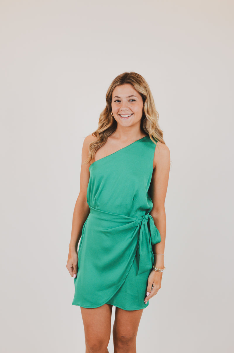 One Shoulder Wrap Mini Dress, Green
