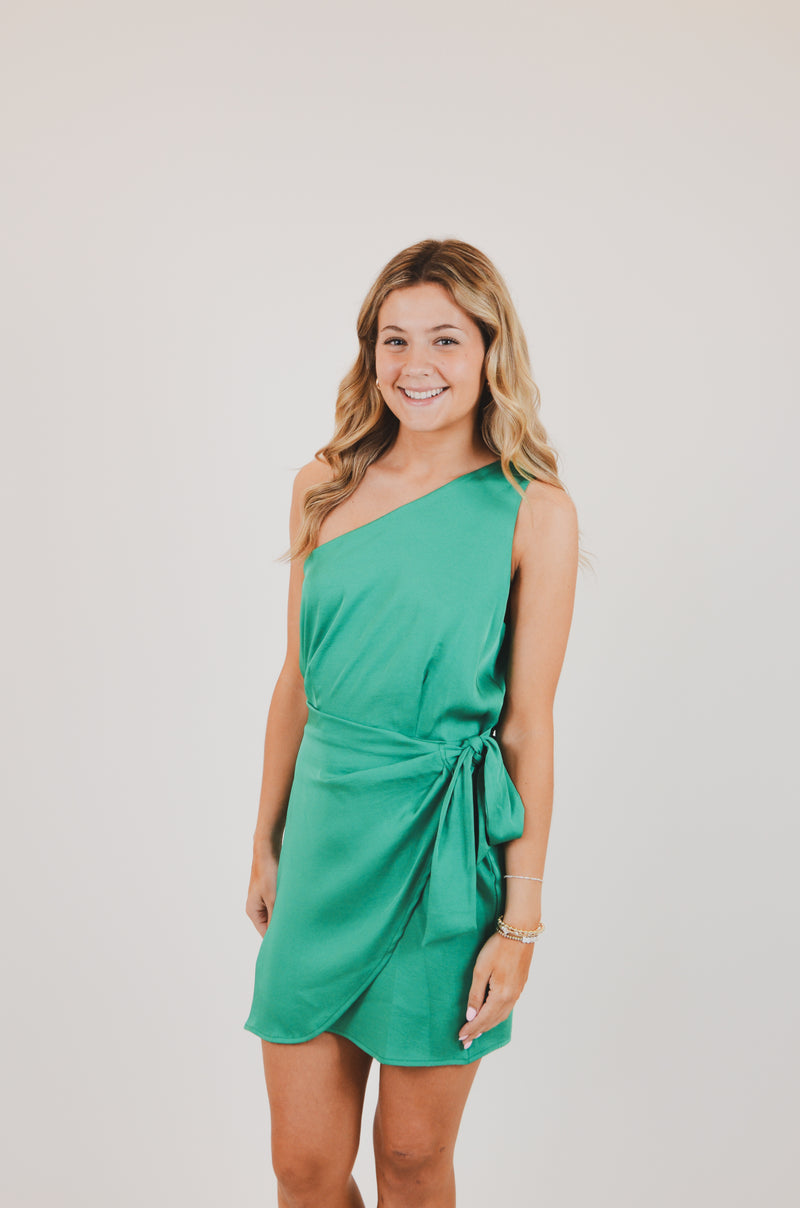 One Shoulder Wrap Mini Dress, Green