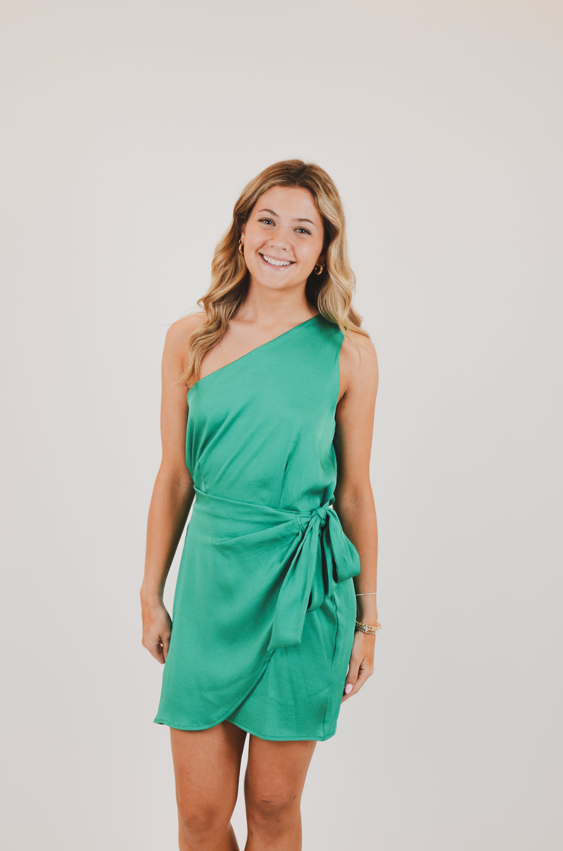 One Shoulder Wrap Mini Dress, Green