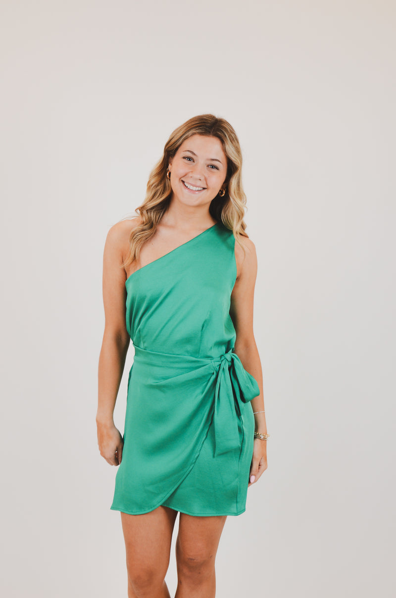 One Shoulder Wrap Mini Dress, Green
