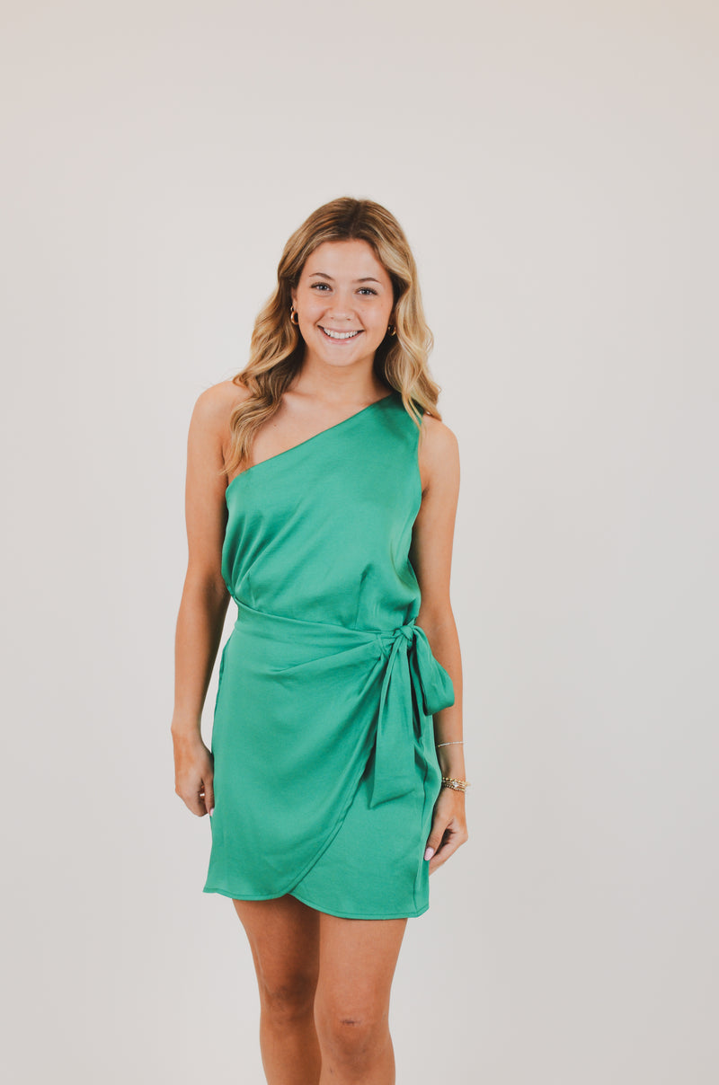 One Shoulder Wrap Mini Dress, Green