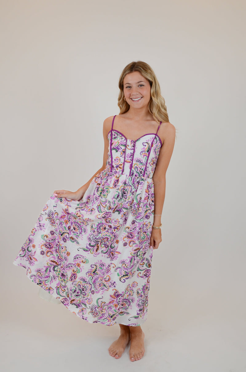 Paisley Print Contrast Binding Midi Dress