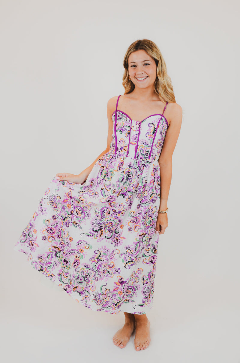 Paisley Print Contrast Binding Midi Dress
