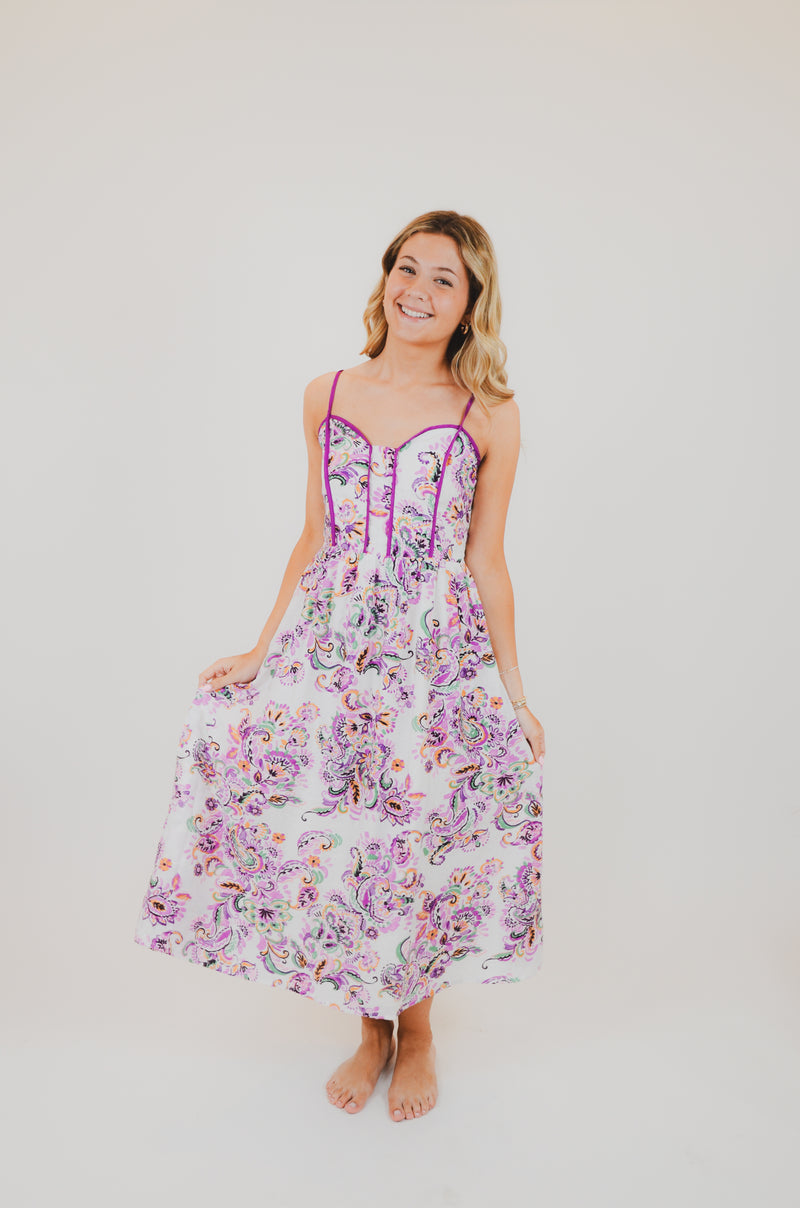 Paisley Print Contrast Binding Midi Dress