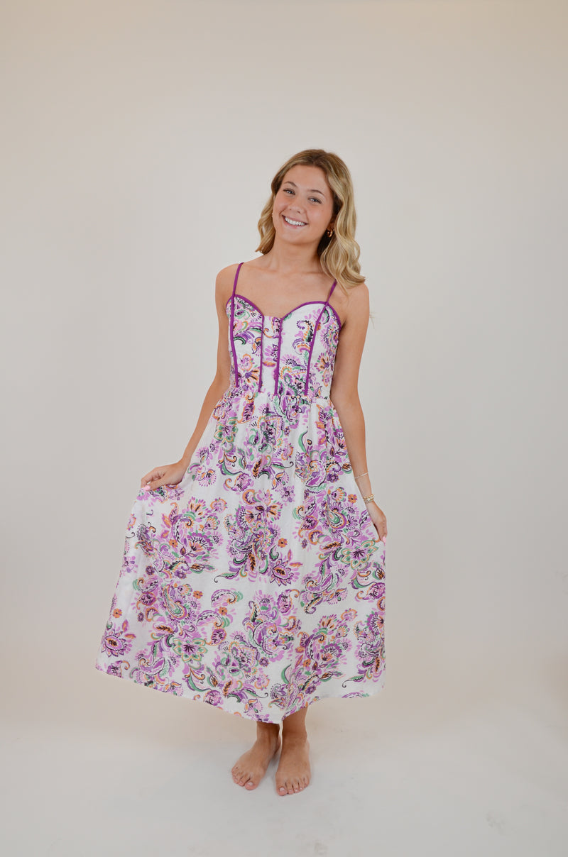 Paisley Print Contrast Binding Midi Dress