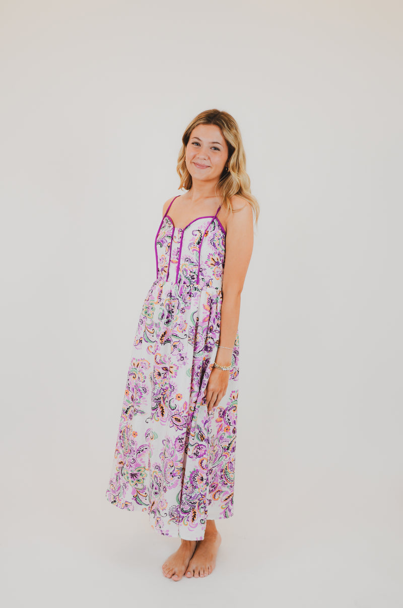 Paisley Print Contrast Binding Midi Dress