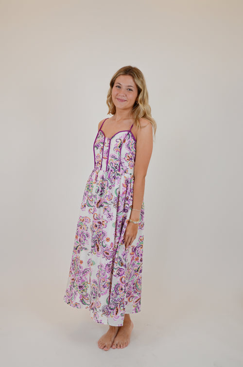 Paisley Print Contrast Binding Midi Dress