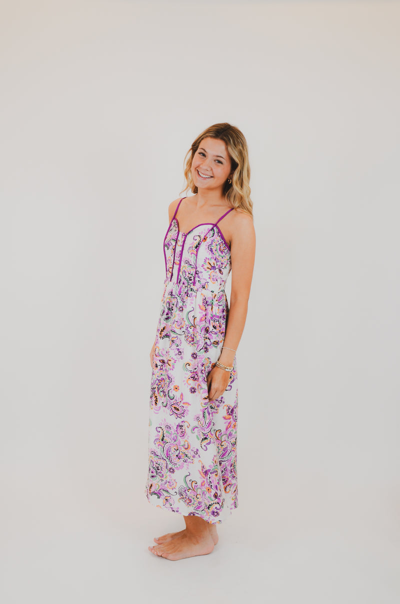 Paisley Print Contrast Binding Midi Dress