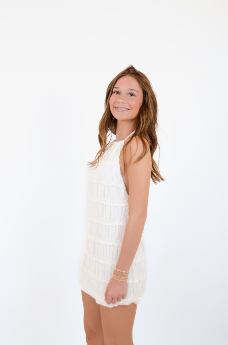 White Halter Full Body Tiered Crinkle Mini Dress