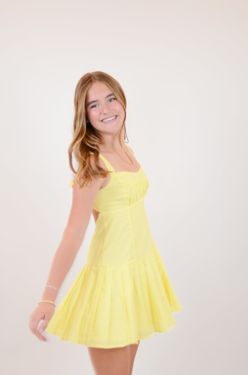 Baby Yellow Open Back Pleated Mini Dress