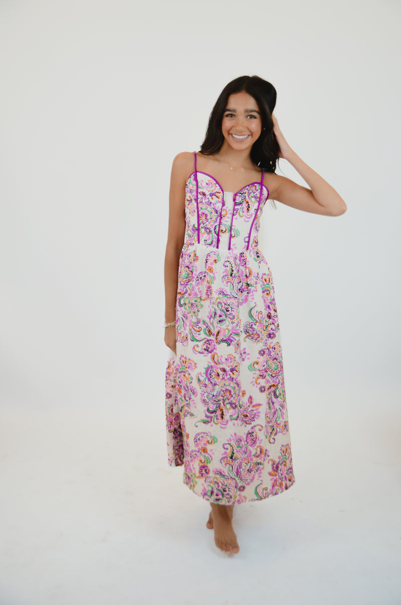 Paisley Print Contrast Binding Midi Dress