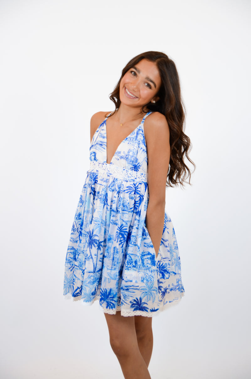 Blue Palm Tree Swing Mini Dress