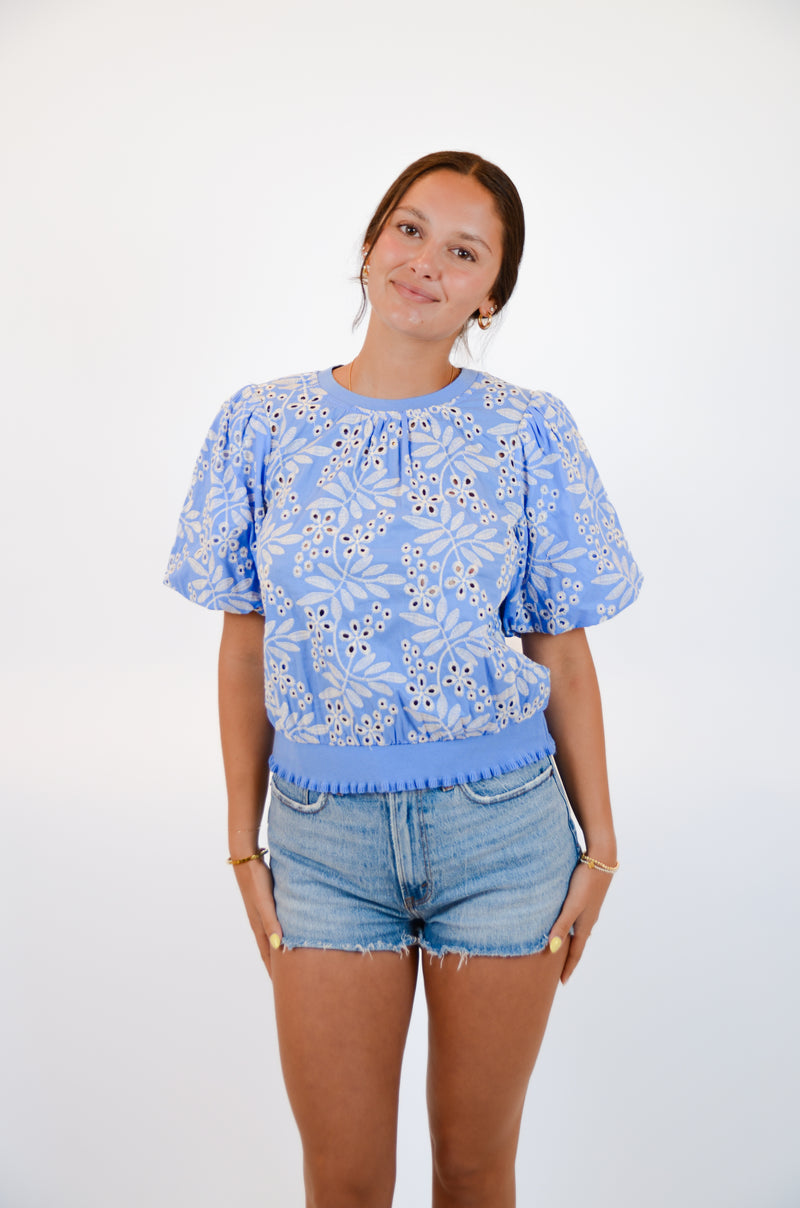 Blue and White Embroidered Top