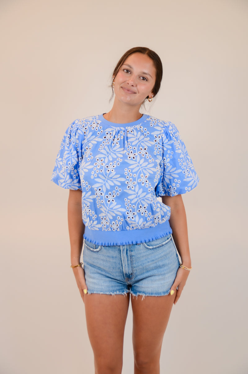 Blue and White Embroidered Top