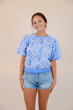 Blue and White Embroidered Top