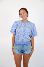 Blue and White Embroidered Top