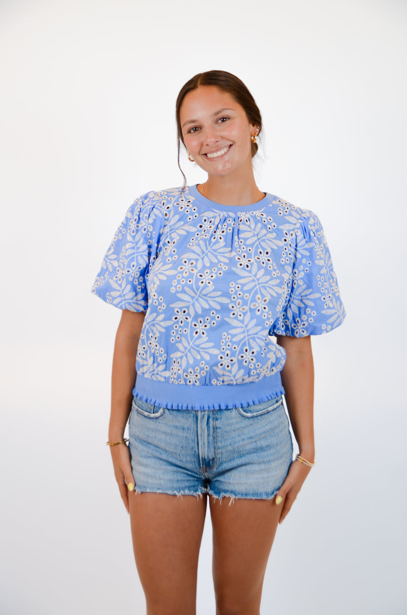 Blue and White Embroidered Top
