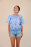 Blue and White Embroidered Top