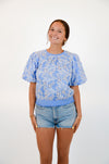Blue and White Embroidered Top