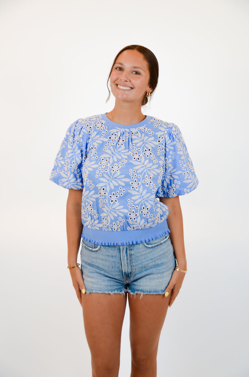 Blue and White Embroidered Top