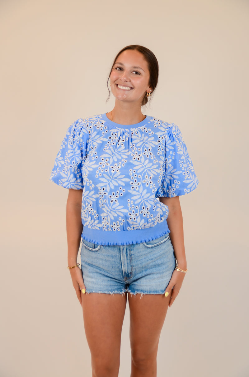 Blue and White Embroidered Top