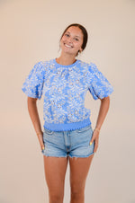 Blue and White Embroidered Top