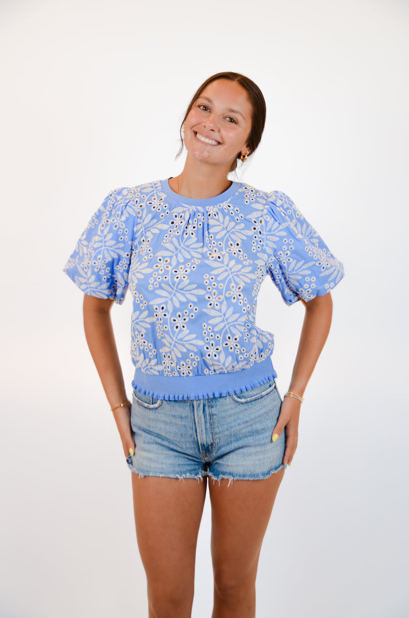 Blue and White Embroidered Top