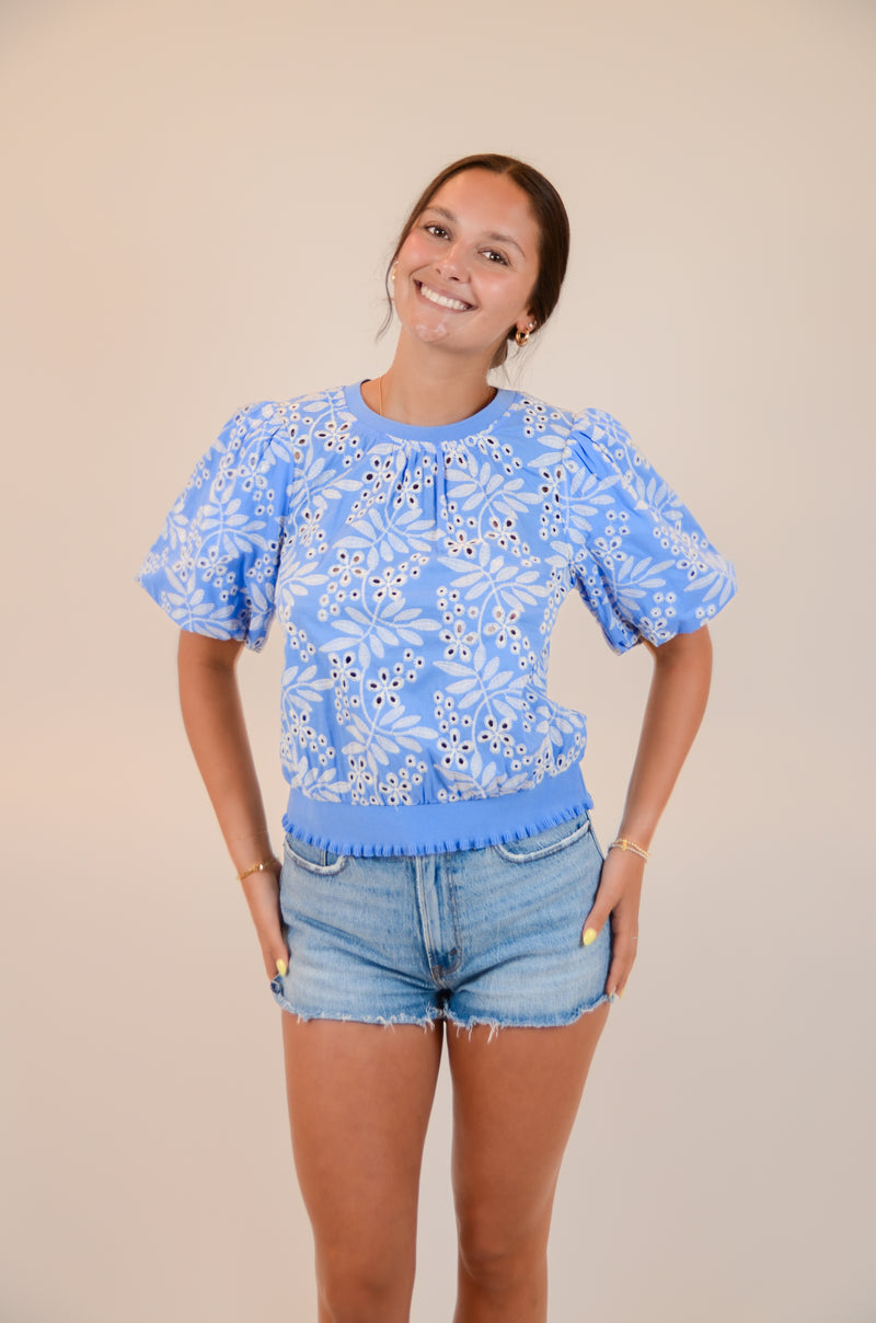 Blue and White Embroidered Top