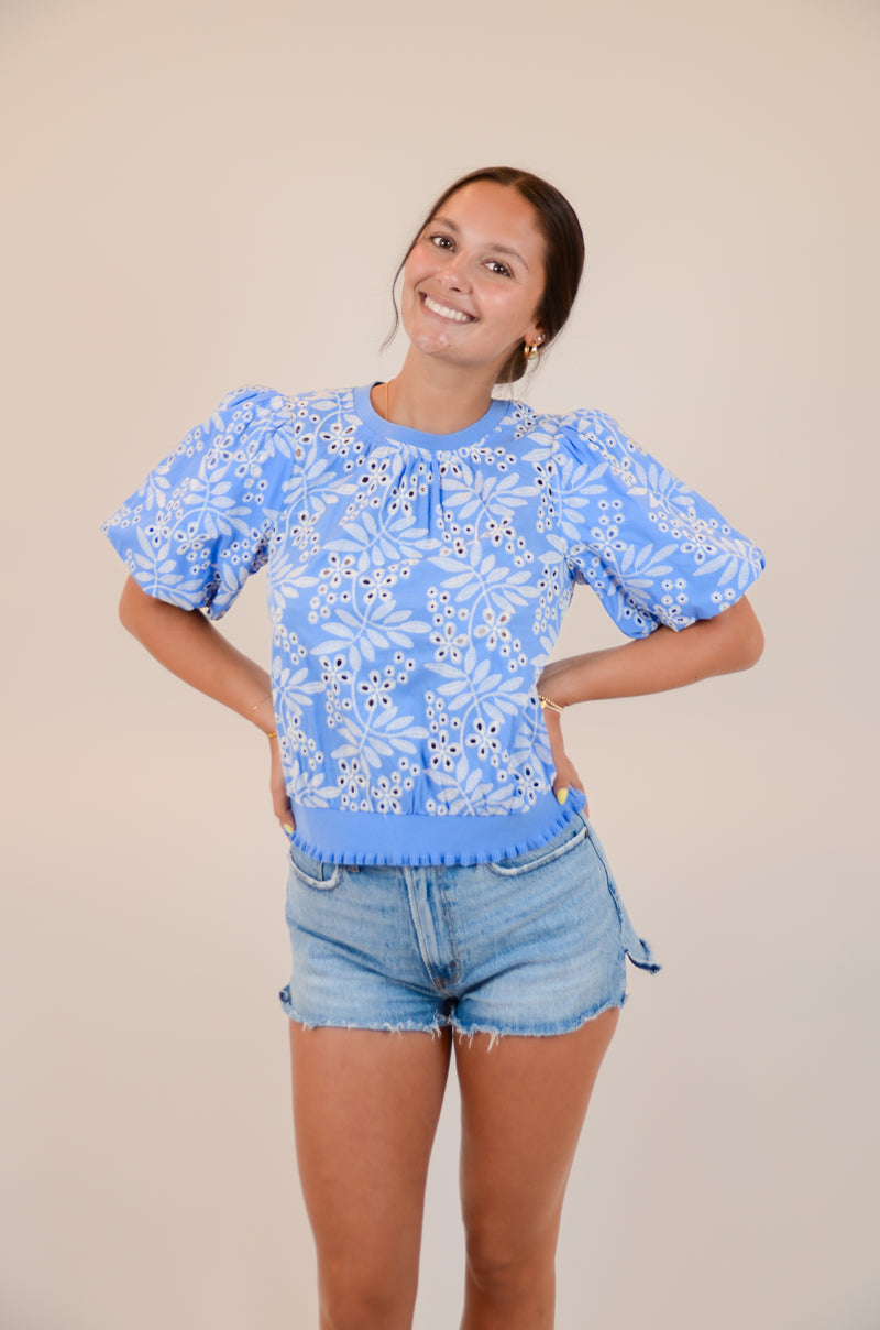 Blue and White Embroidered Top