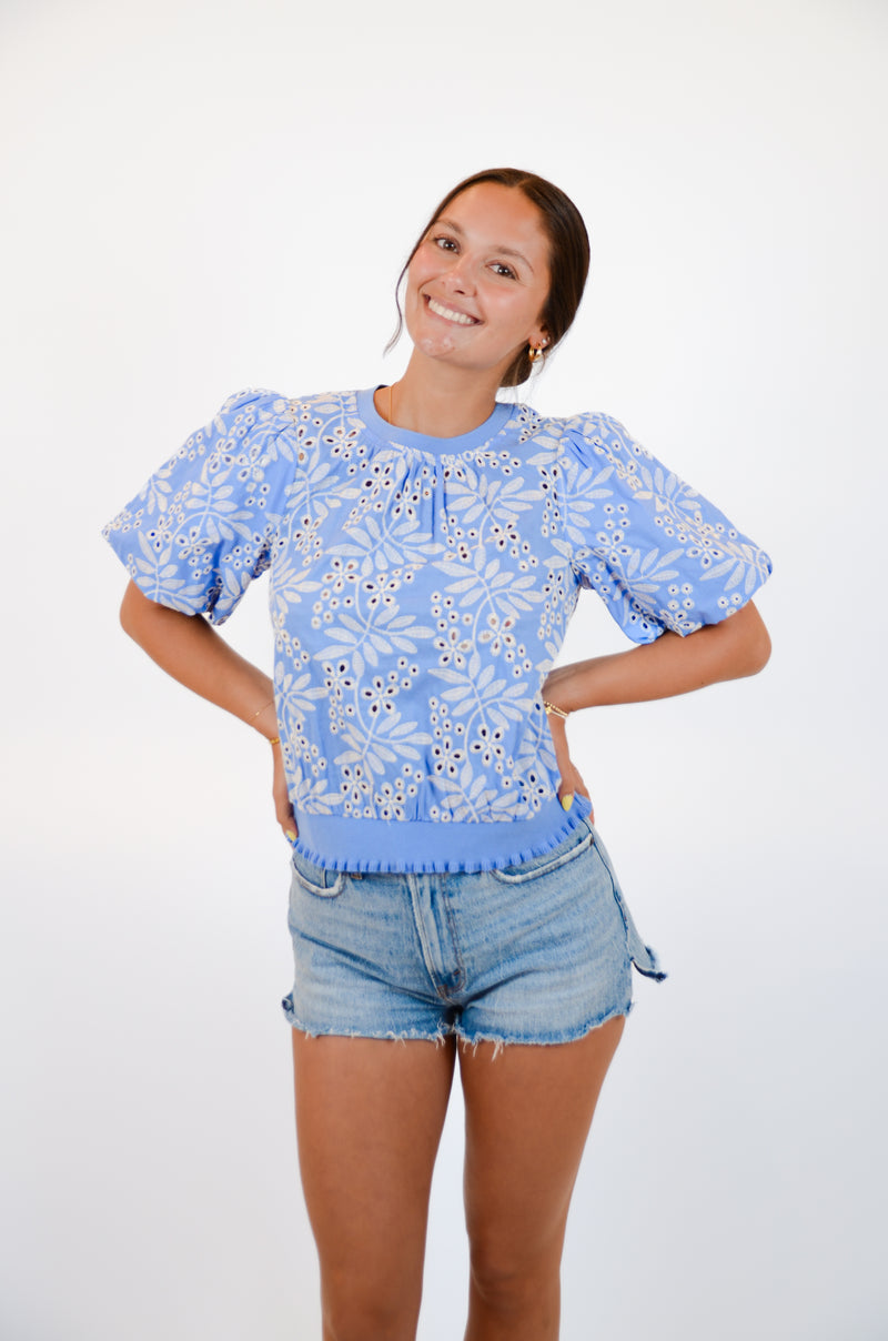 Blue and White Embroidered Top