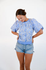 Blue and White Embroidered Top