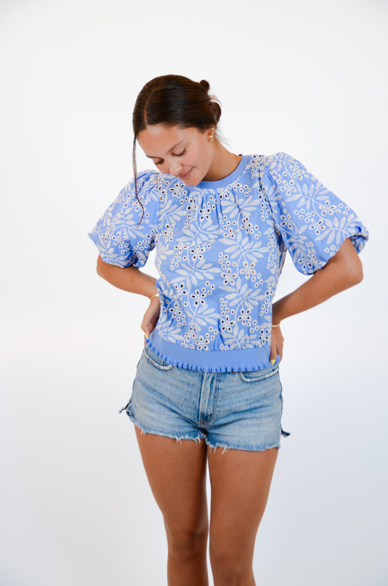 Blue and White Embroidered Top