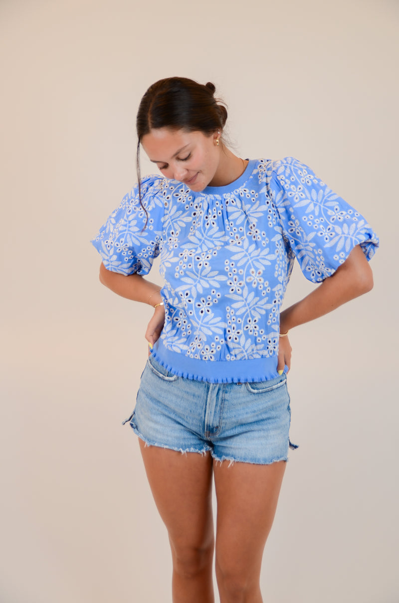 Blue and White Embroidered Top
