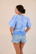 Blue and White Embroidered Top
