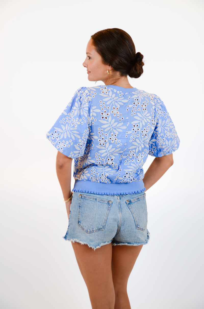 Blue and White Embroidered Top