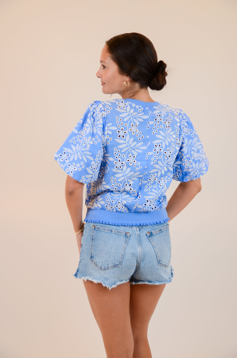 Blue and White Embroidered Top