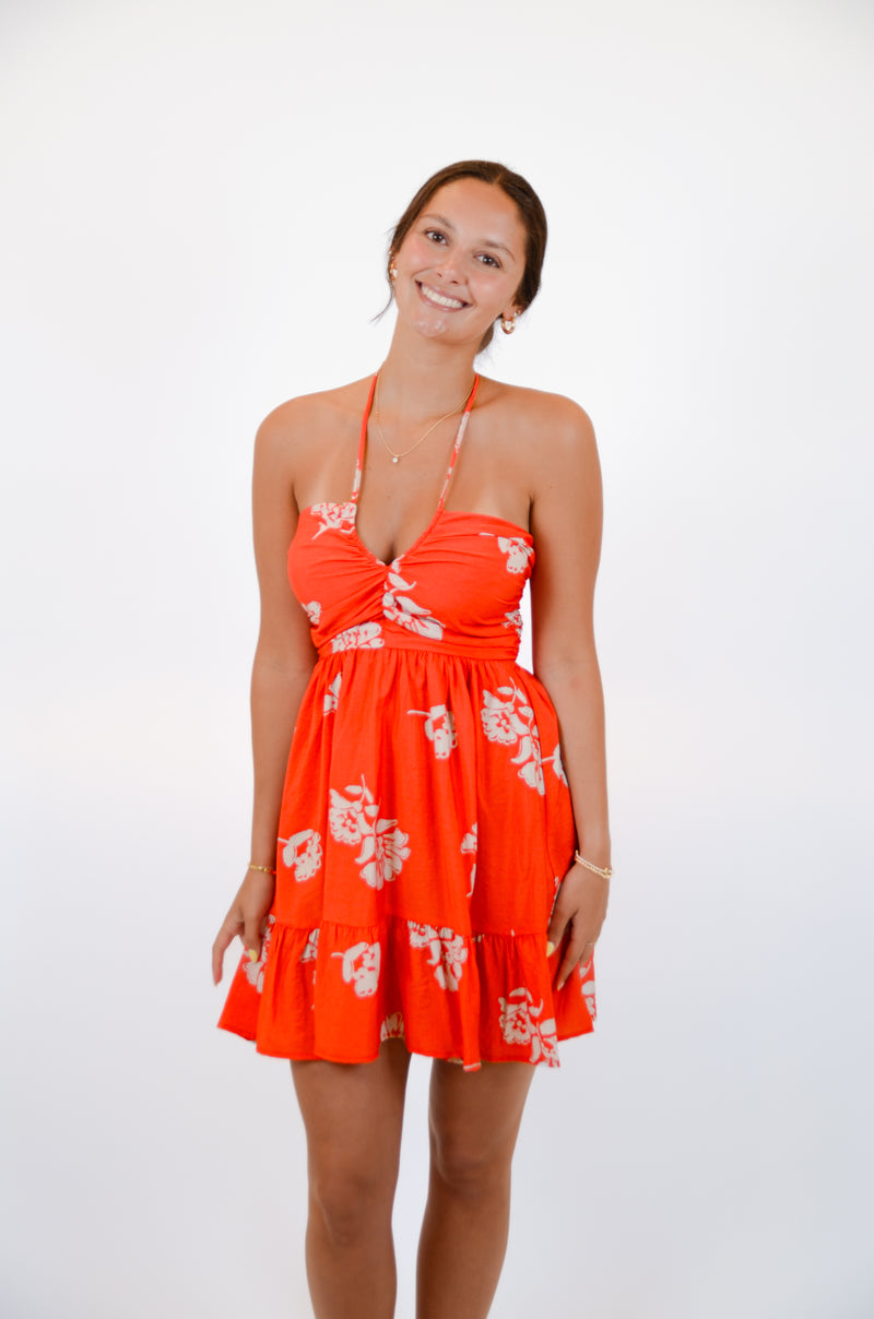 Red Halter Dress with Floral Print