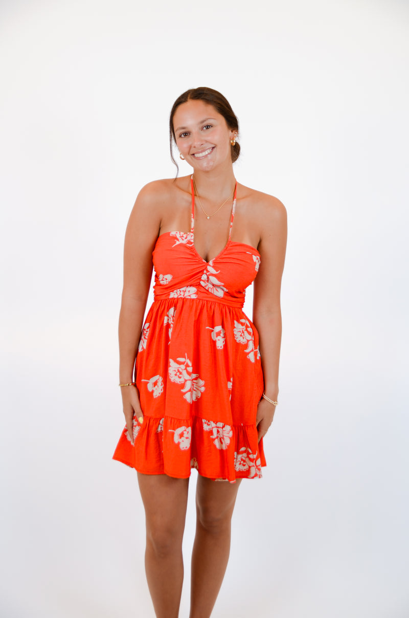Red Halter Dress with Floral Print